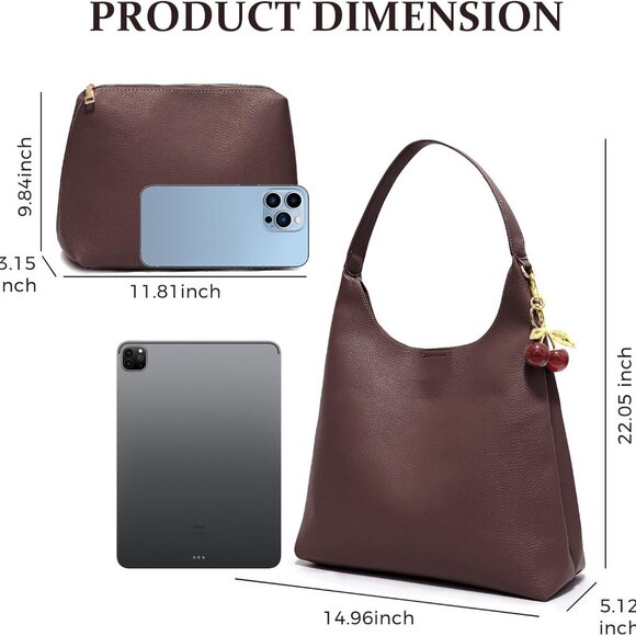 Large Dark Brown Vegan Leather Hobo Tote with Cherry Charm for Travel & Work - Picture 3 of 6